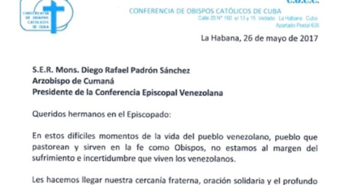 Carta de los obispos de Cuba a la Conferencia Episcopal Venezolana