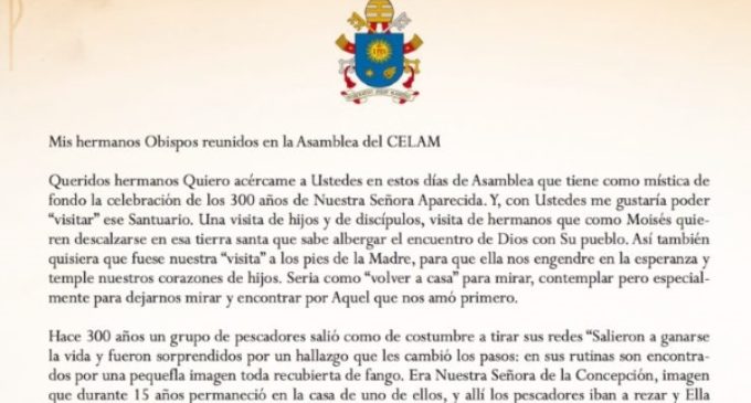 El Santo Padre envía un mensaje al CELAM reunido en plenaria